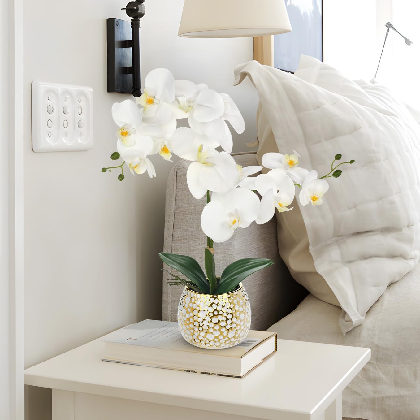 Orchid Artificial Flowers 17.7in White Orchid Silk Flower with Gold Pot Faux …