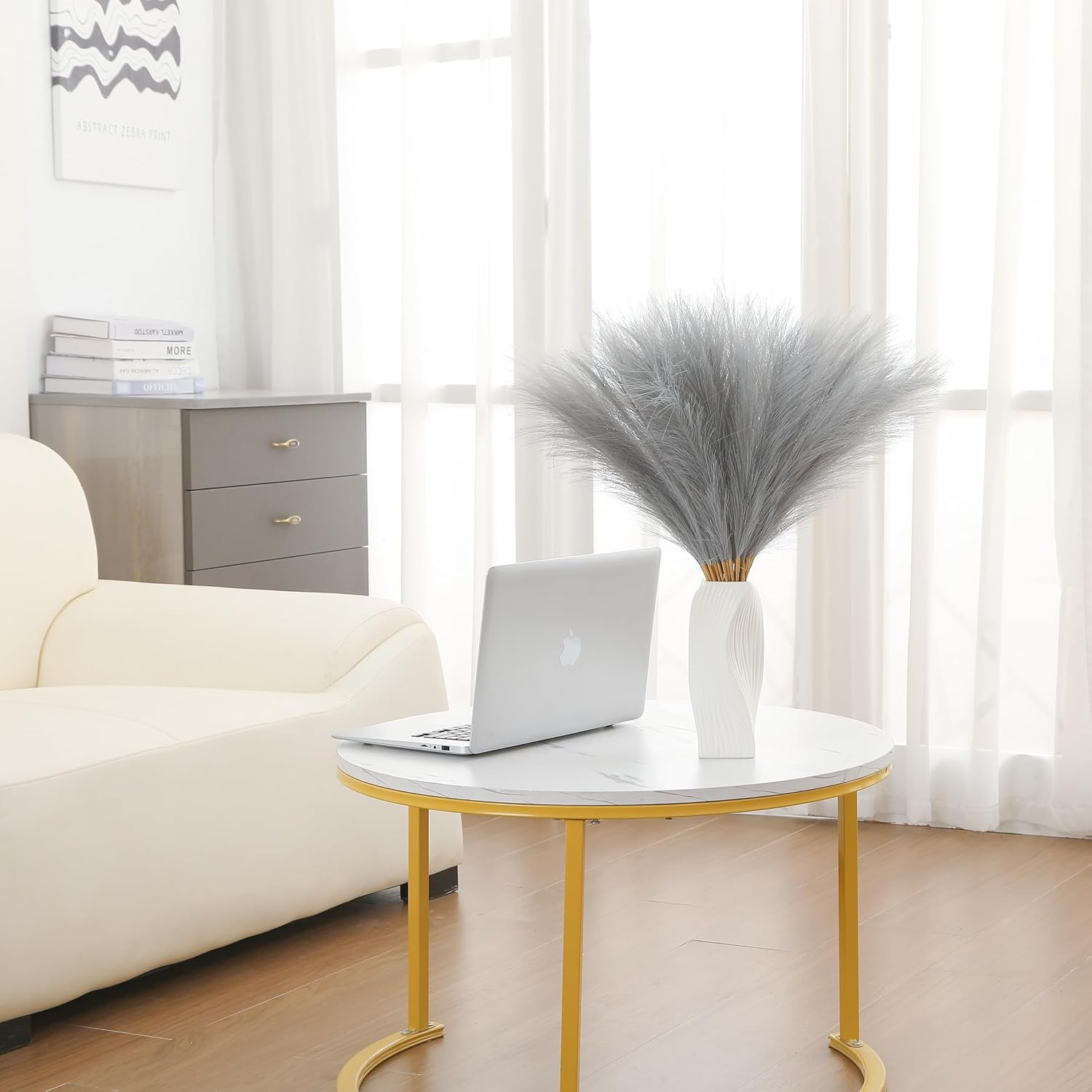 30Pcs 22″ Grey Pampas Grass Faux Pampas Grass Decor for Table Vase | Fluffy Pomp