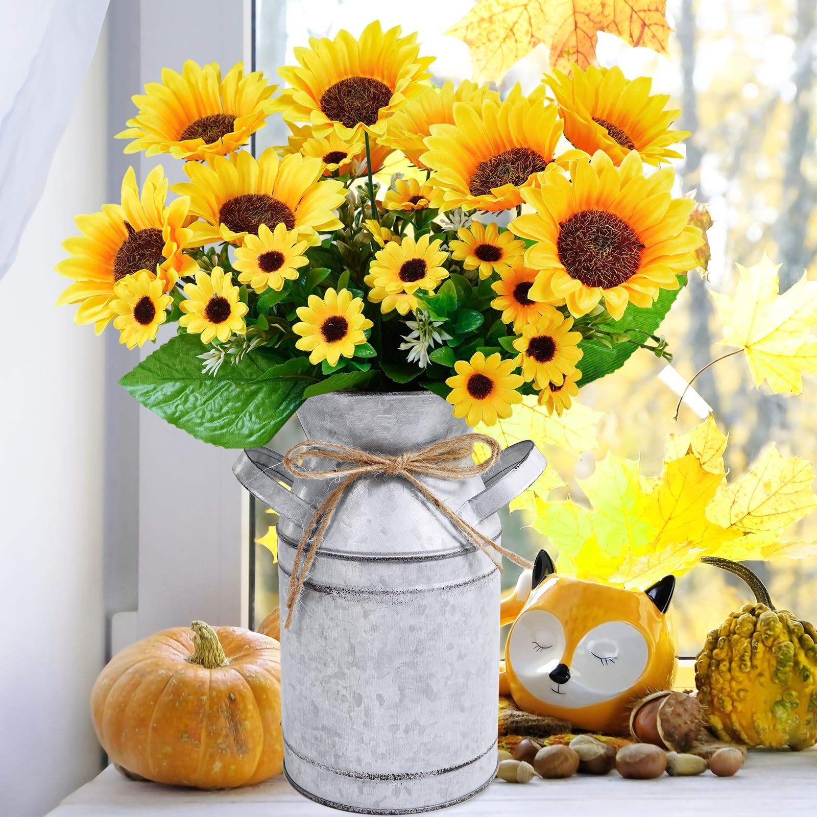 Winlyn Farmhouse Sunflowers Centerpiece Metal Milk Jug Artificial