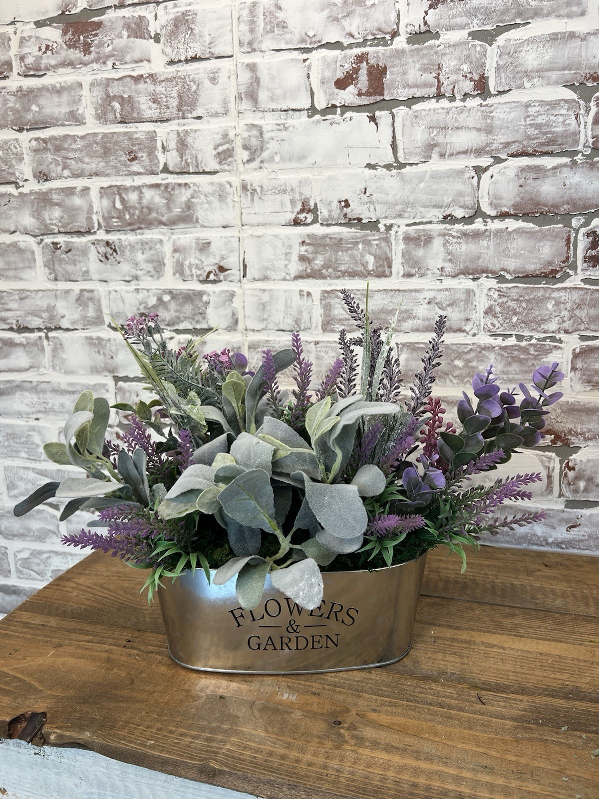 Lavender And Lambs Ear Floral Arrangement In A Galvanized Metal Container.