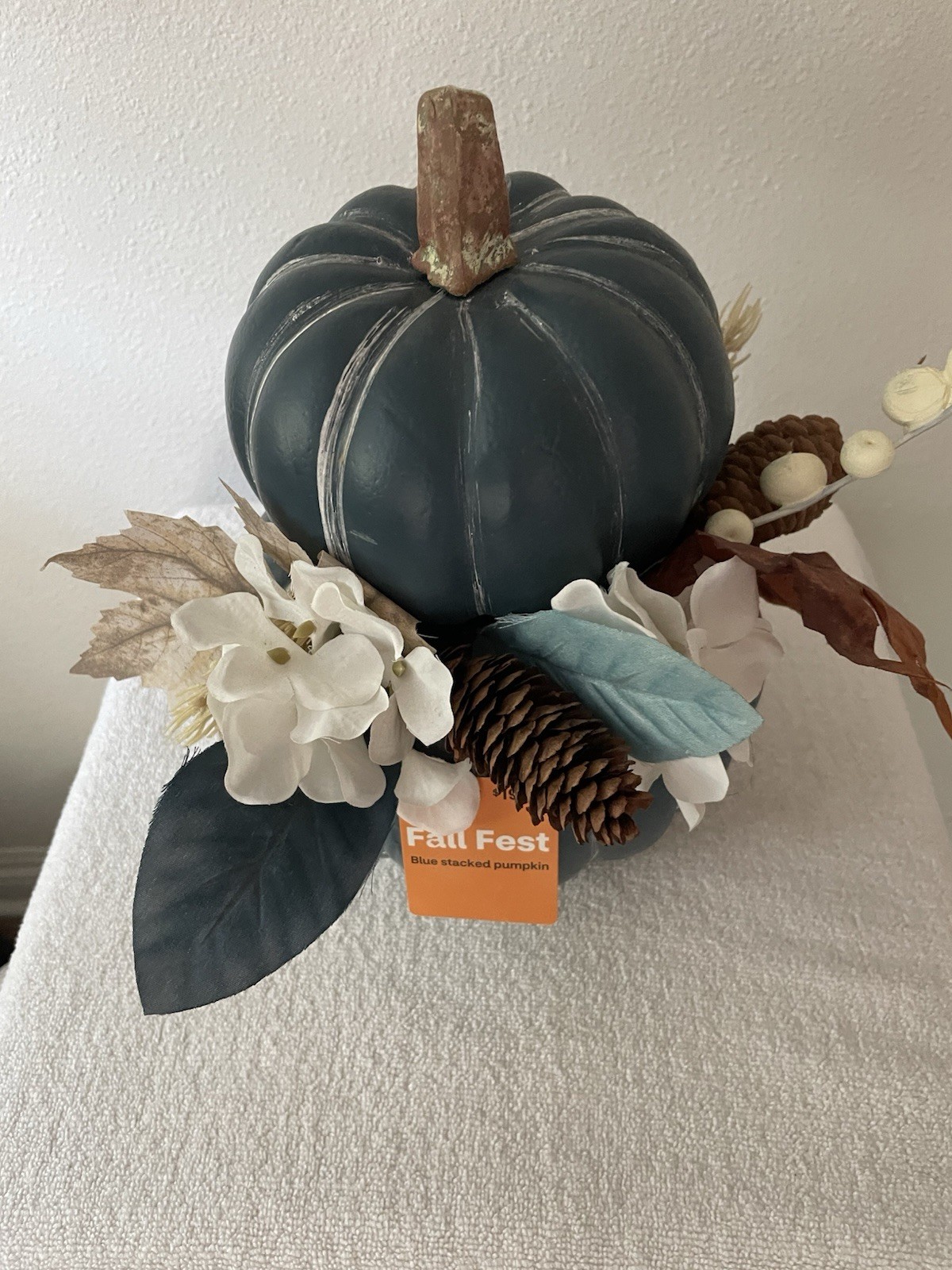 Coastal/Country Blue Stacked Pumpkin Fall Flower Arrangement With Pinecones