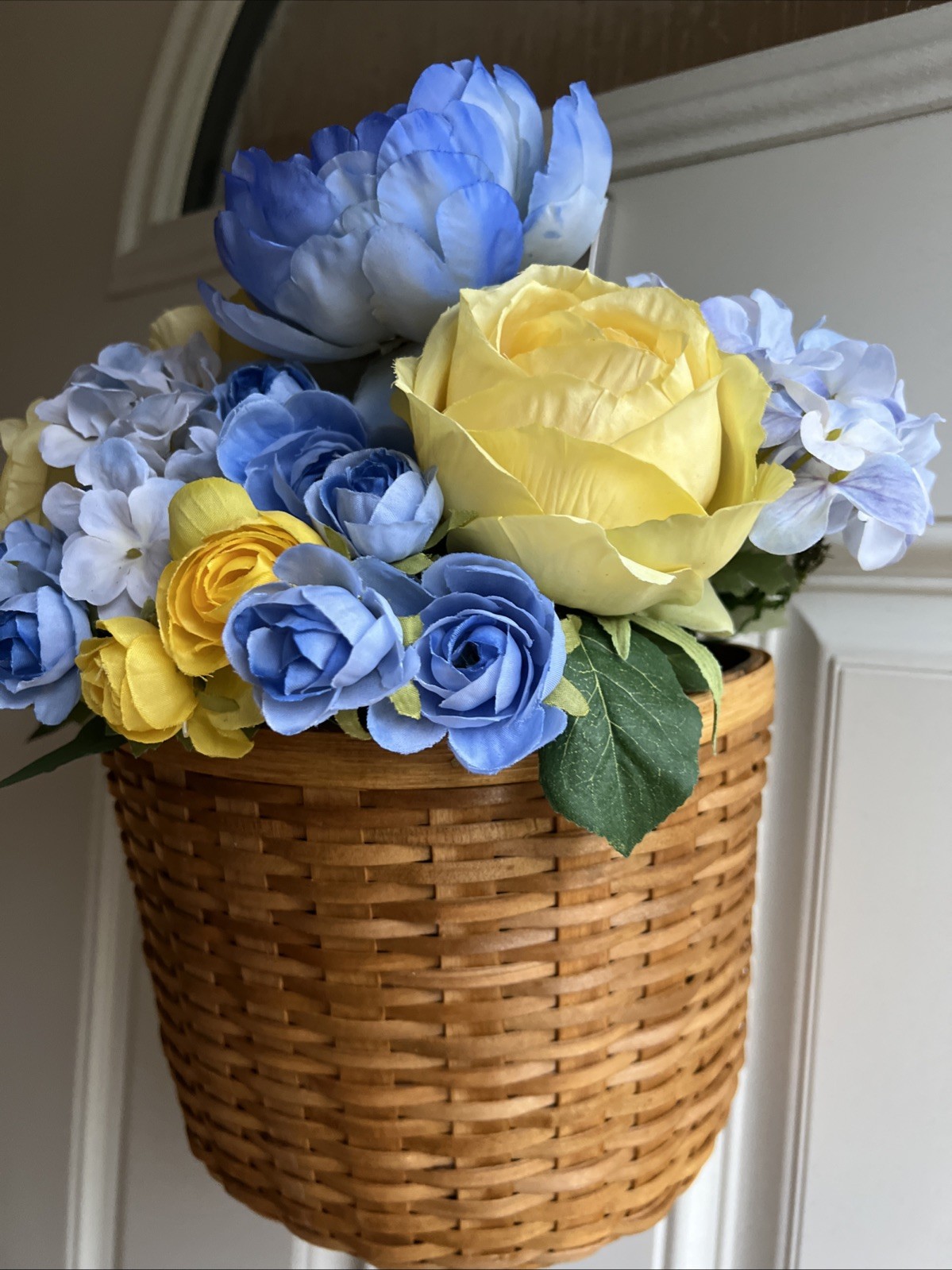 Wall Hanging Basket Floral Arrangement Yellow Roses & Bright Blue Flowers