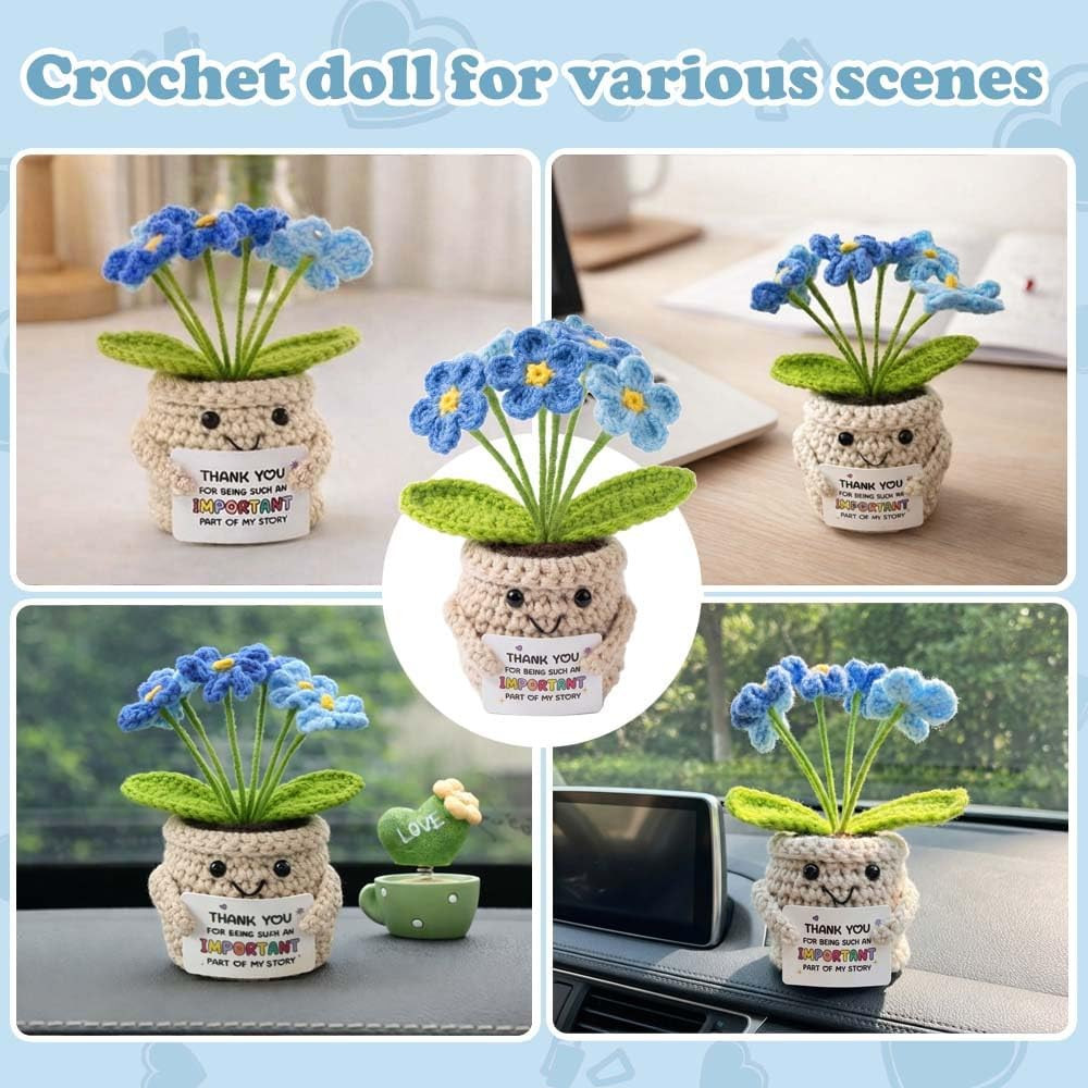 Crochet Positive Flowers Potted Plants, Fake Forget Me Not Flowers Doll for Frie