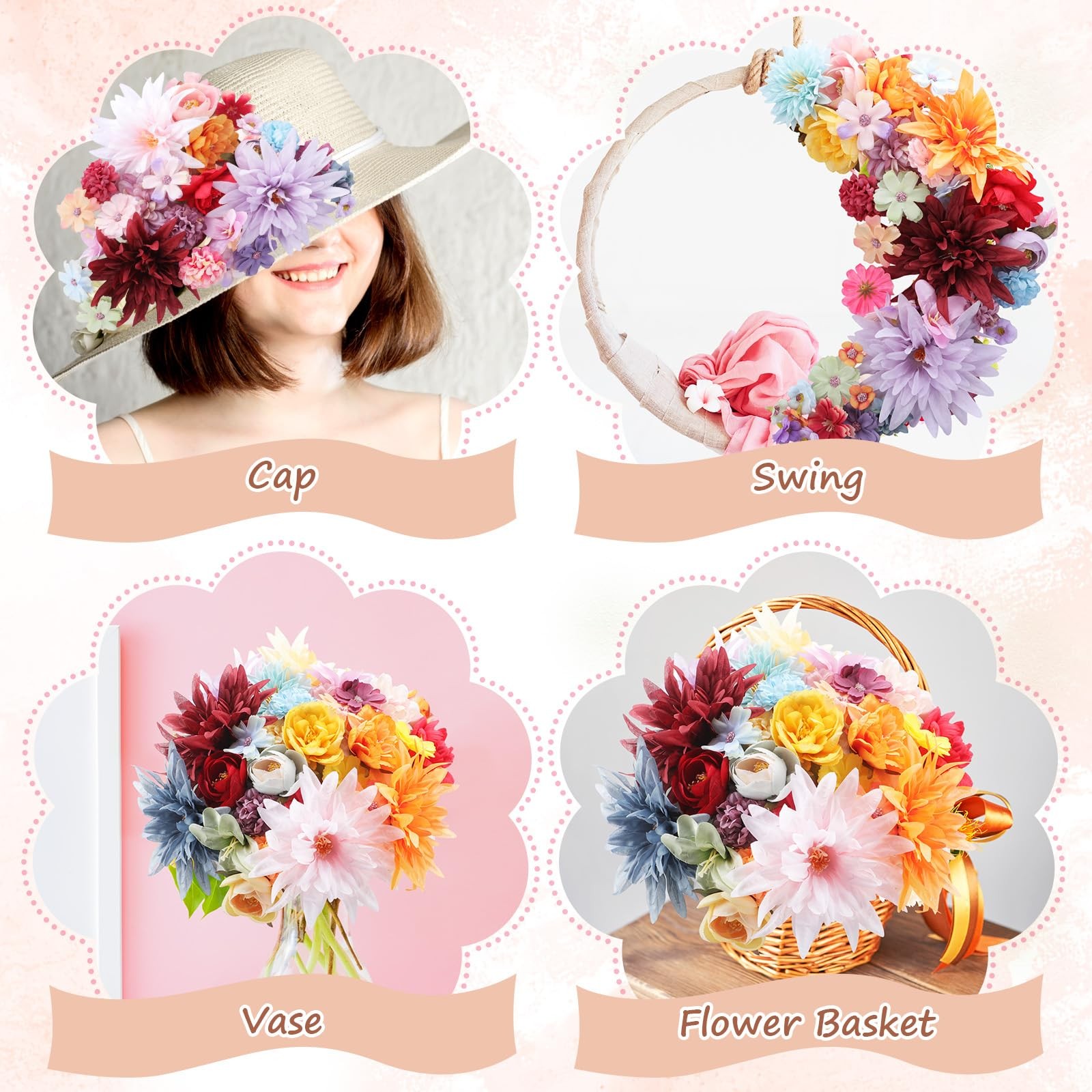 80 PCS Assorted Color Fake Flower Heads Bulk Artificial Silk Faux Daisy Peony