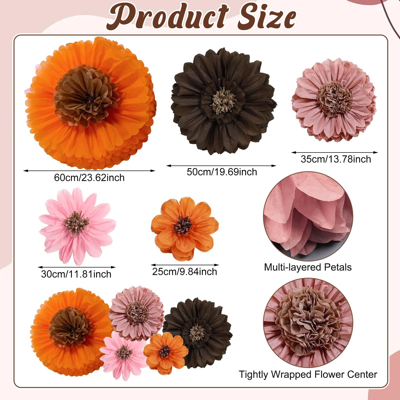 36 Pcs Boho Giant Flowers Decoration for Wall Sizes 10″ to 24” Tissue Pom Po…