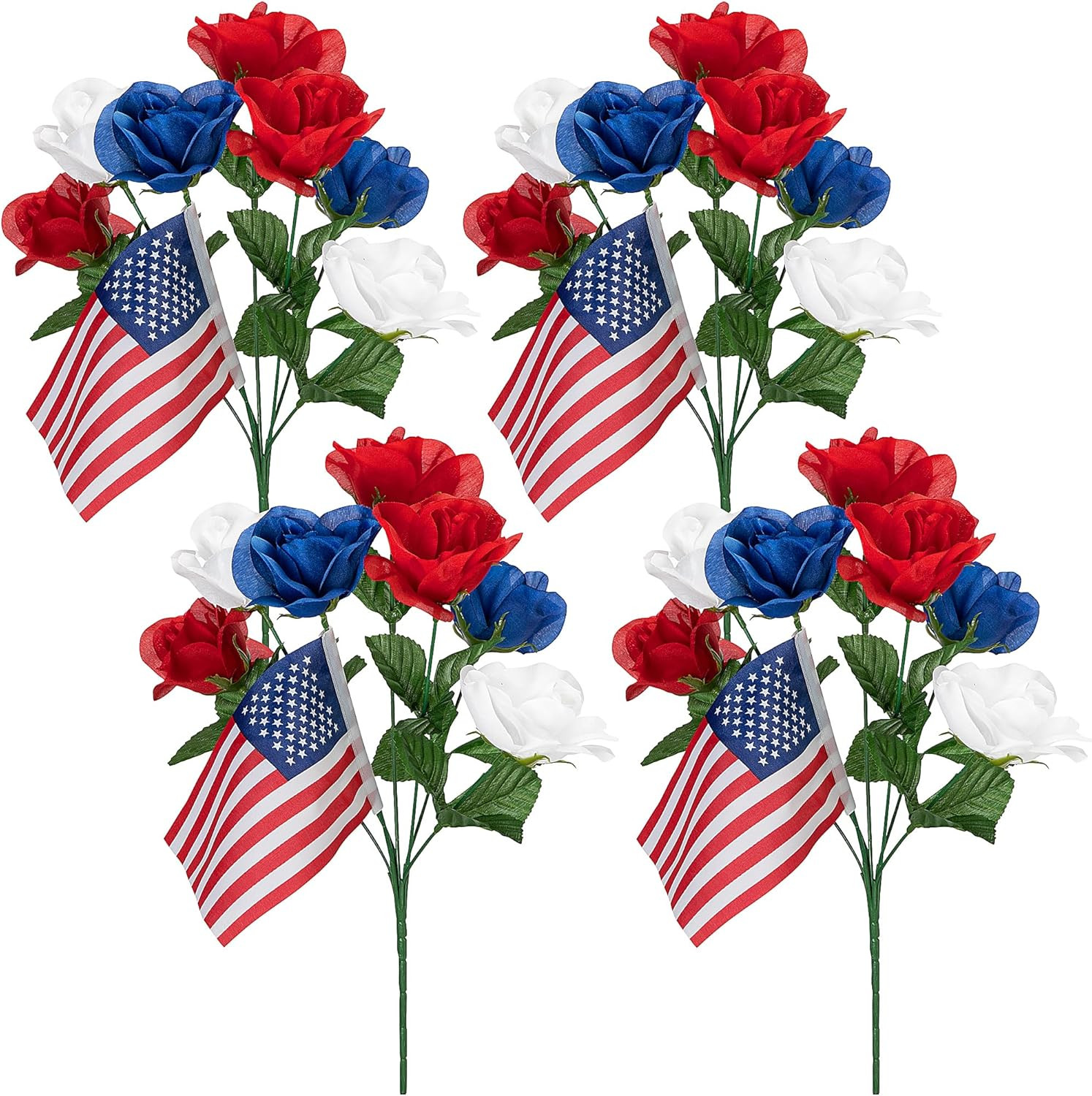 4 Bunches Memorial Day Artificial Flowers, Red Blue White Cemetery Flower with F