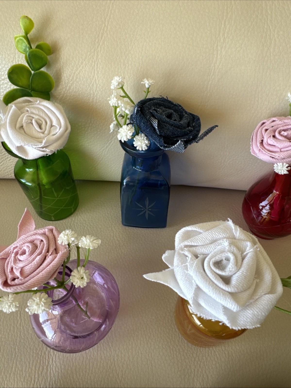 Five Small Upcycled 3 1/2” Vases With Coordinating Colors Handmade Denim Roses