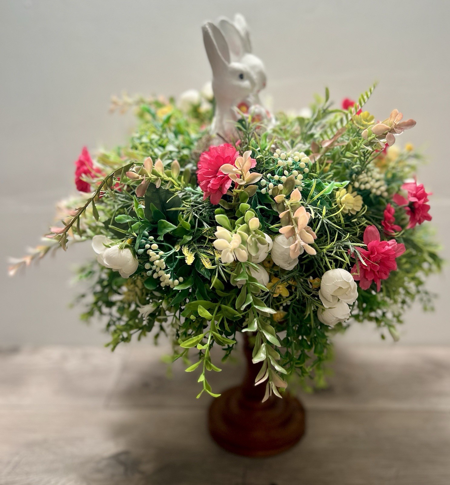 Spring Easter Candle Stick Floral Arrangement Greenery Flowers Rabbit