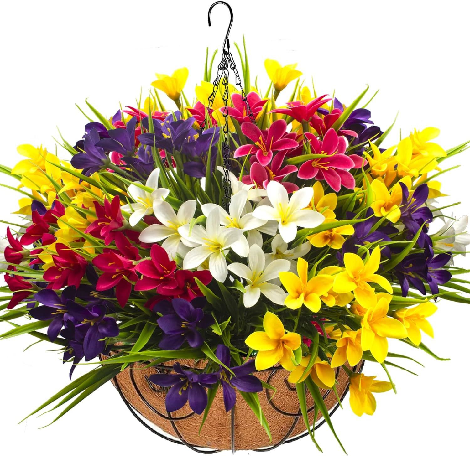 Vibrant UV Resistant Artificial Flowers in Hanging Basket – 12 Colorful Bundles