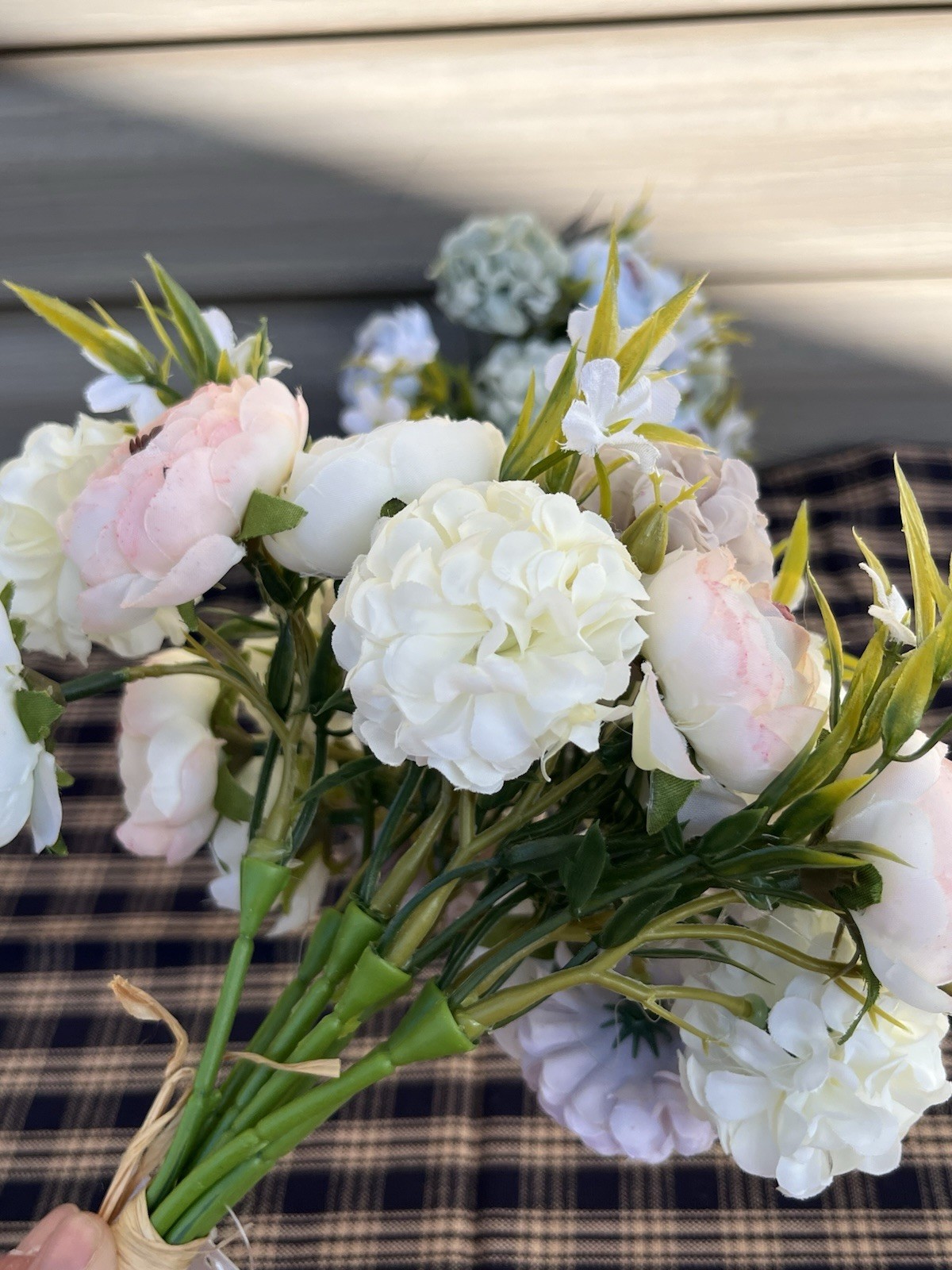 Lot of 2 Faux Floral Bouquet Bundles Blue Pink Peony Ranunculus Cottagecore