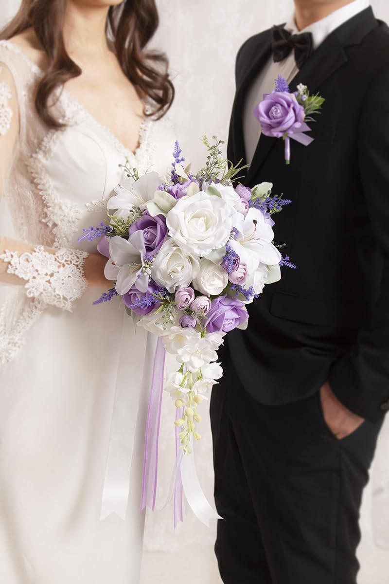 Floinla Bridal Bouquet Cascading, Lilac Purple & White Wedding Bouquets for B…