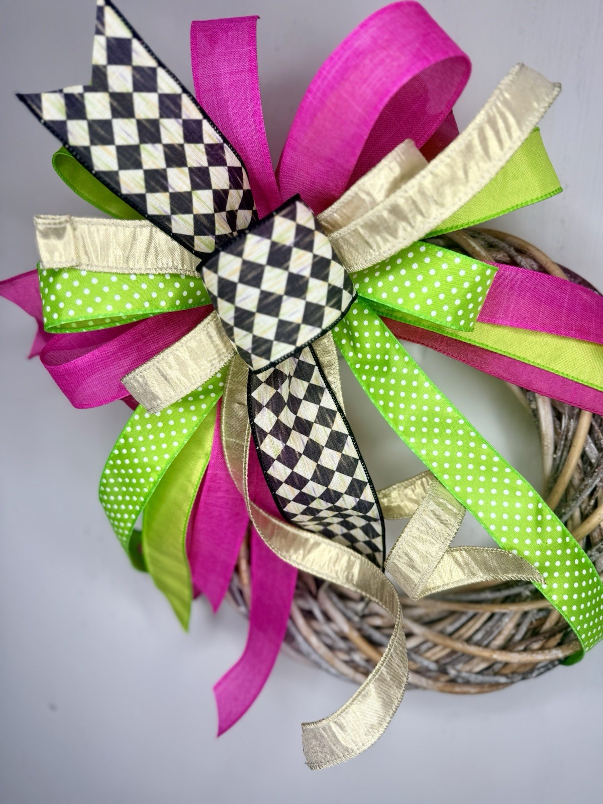 Easter Bow, Spring Bow, Harliquin Ribbon Wreath Decor