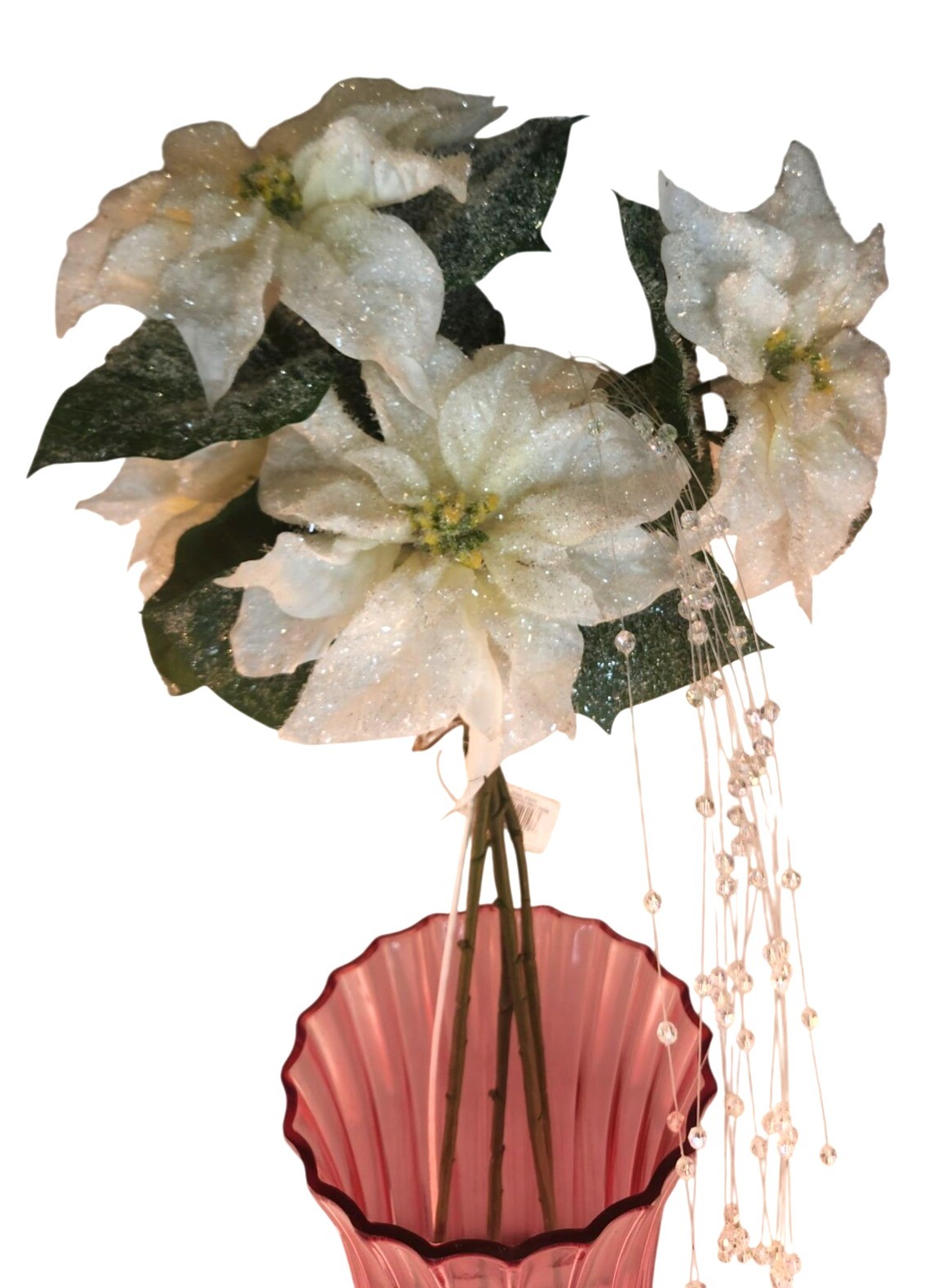 White Glitter Poinsettia Artificial Flowers With Crystal Bead Accents 4 Stems &