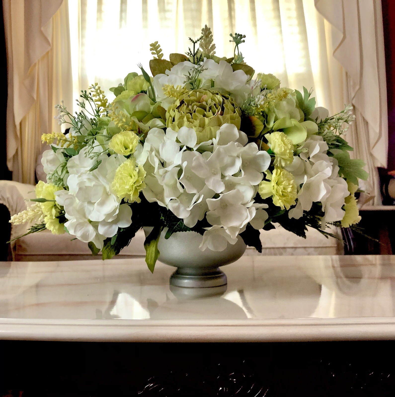 Green Spring Floral Arrangement Green And White Hydrangea And Peony Centerpiece