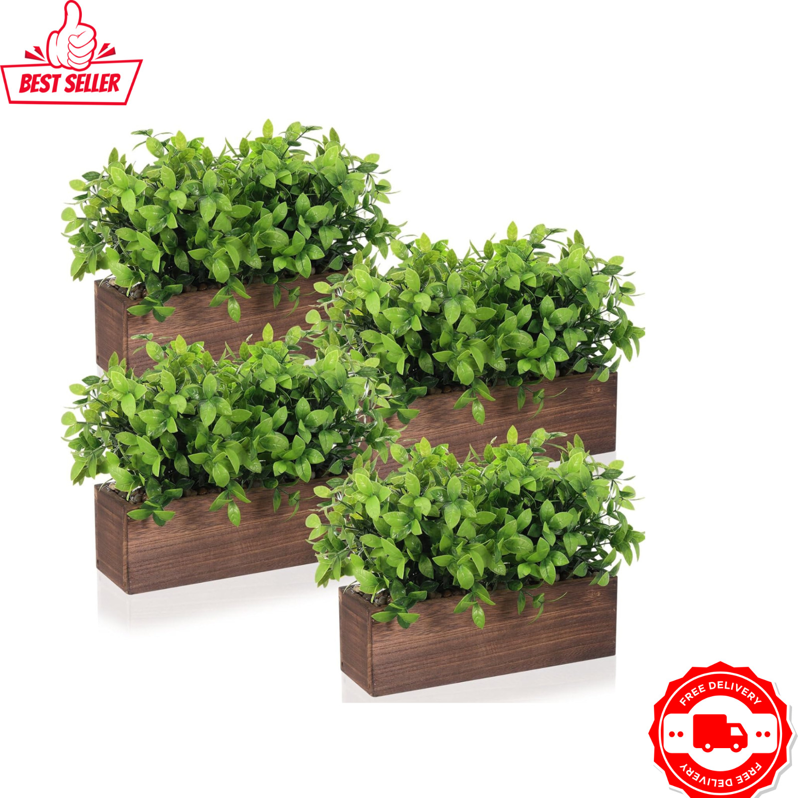 NEW 4 Pack Artificial Eucalyptus Plants Wooden Planter Box Brown 11.4 TableTop