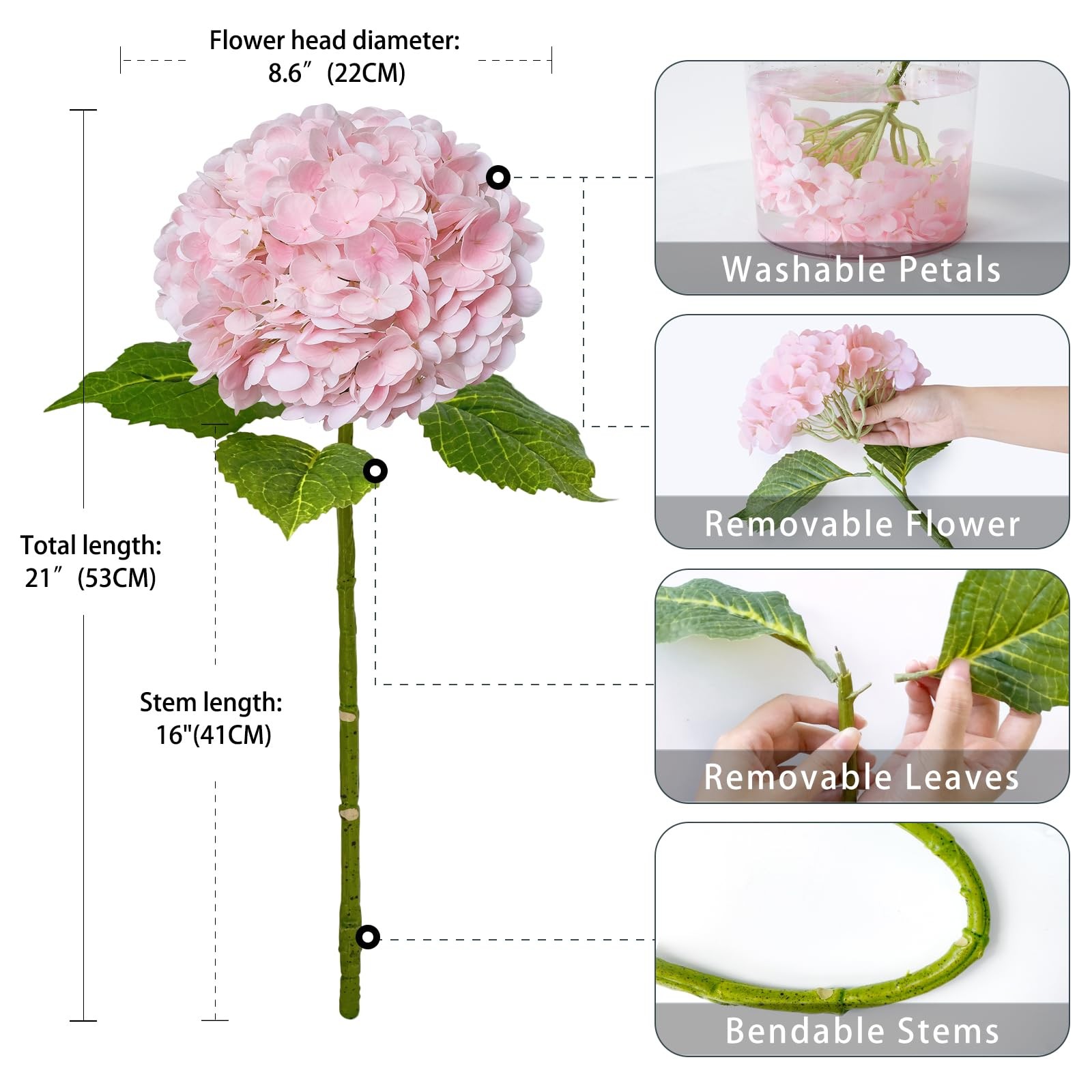 Pink Hydrangea Artificial Flower 3 PCS 21in Real Touch Large Hand Feel Moistu…