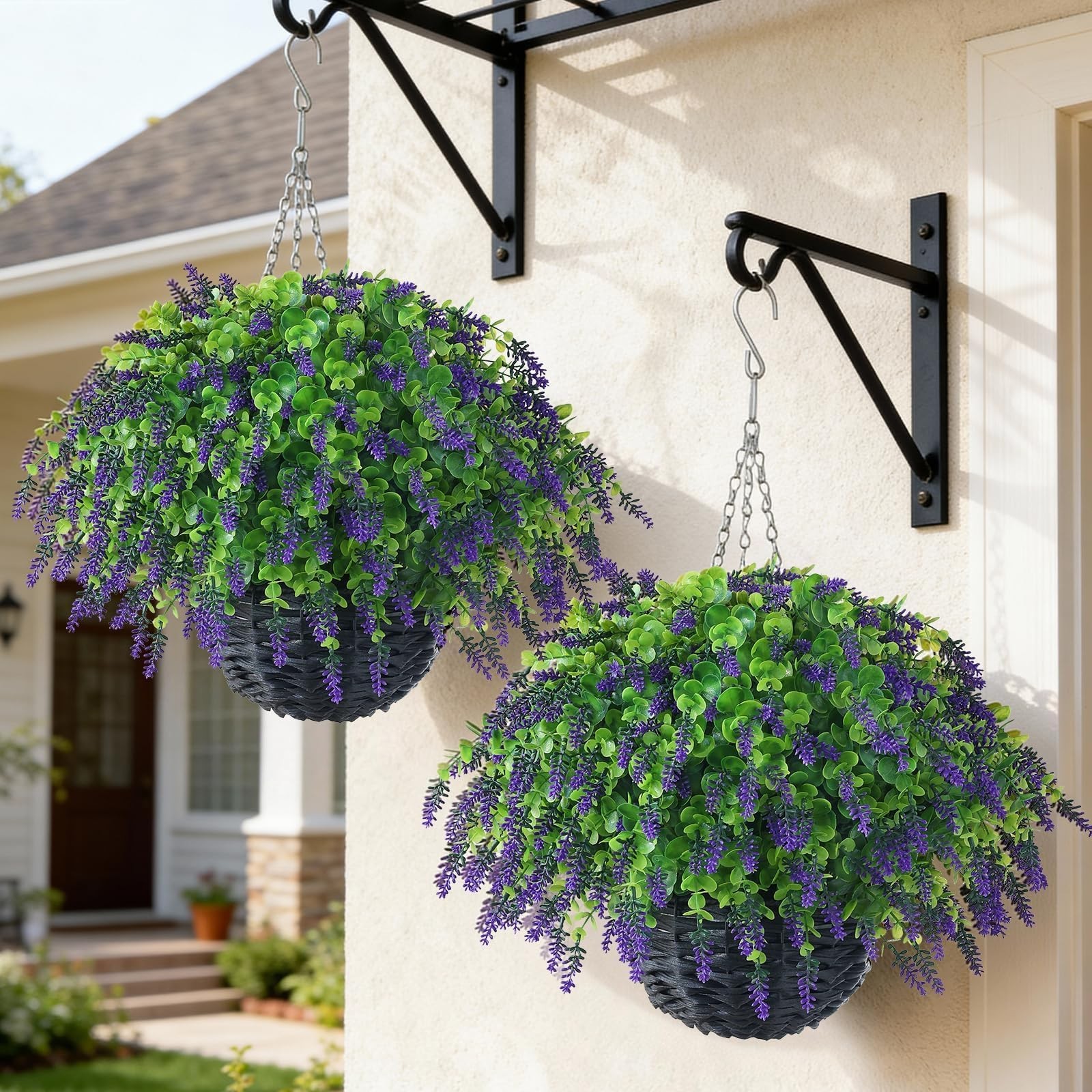 Artificial Lavender and Eucalyptus Leaves Hanging Basket – 2 Set for Outdoor …