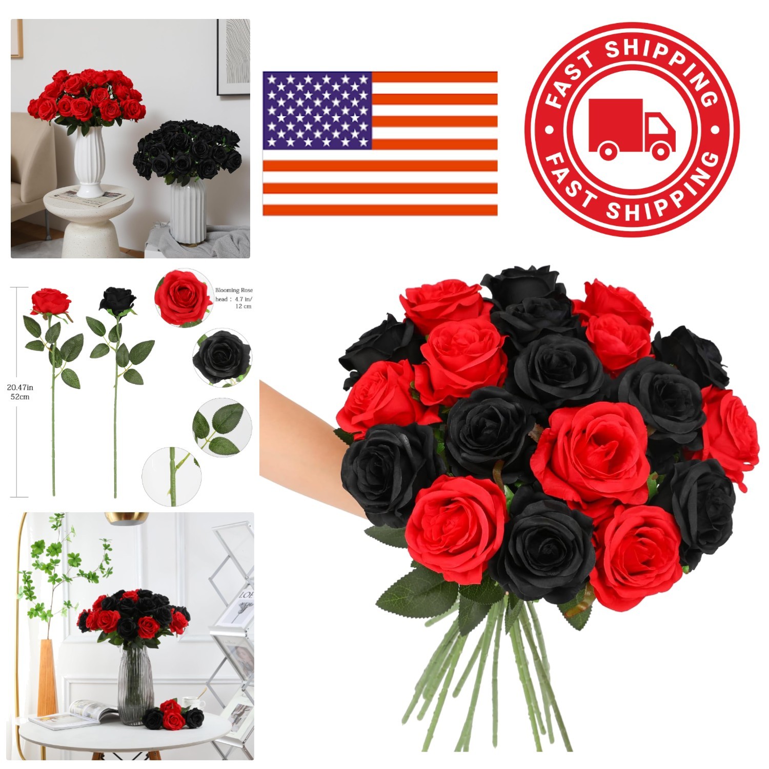 Artificial Roses 12 Pcs Black and Red Silk Flowers for Home Decor Centerpieces