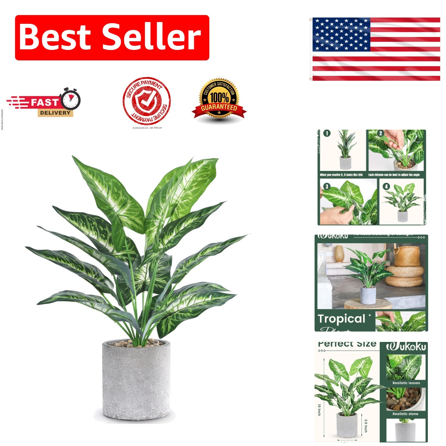 16-Inch Artificial Tropical Faux Plant for Stylish Indoor Decor – Sage Green