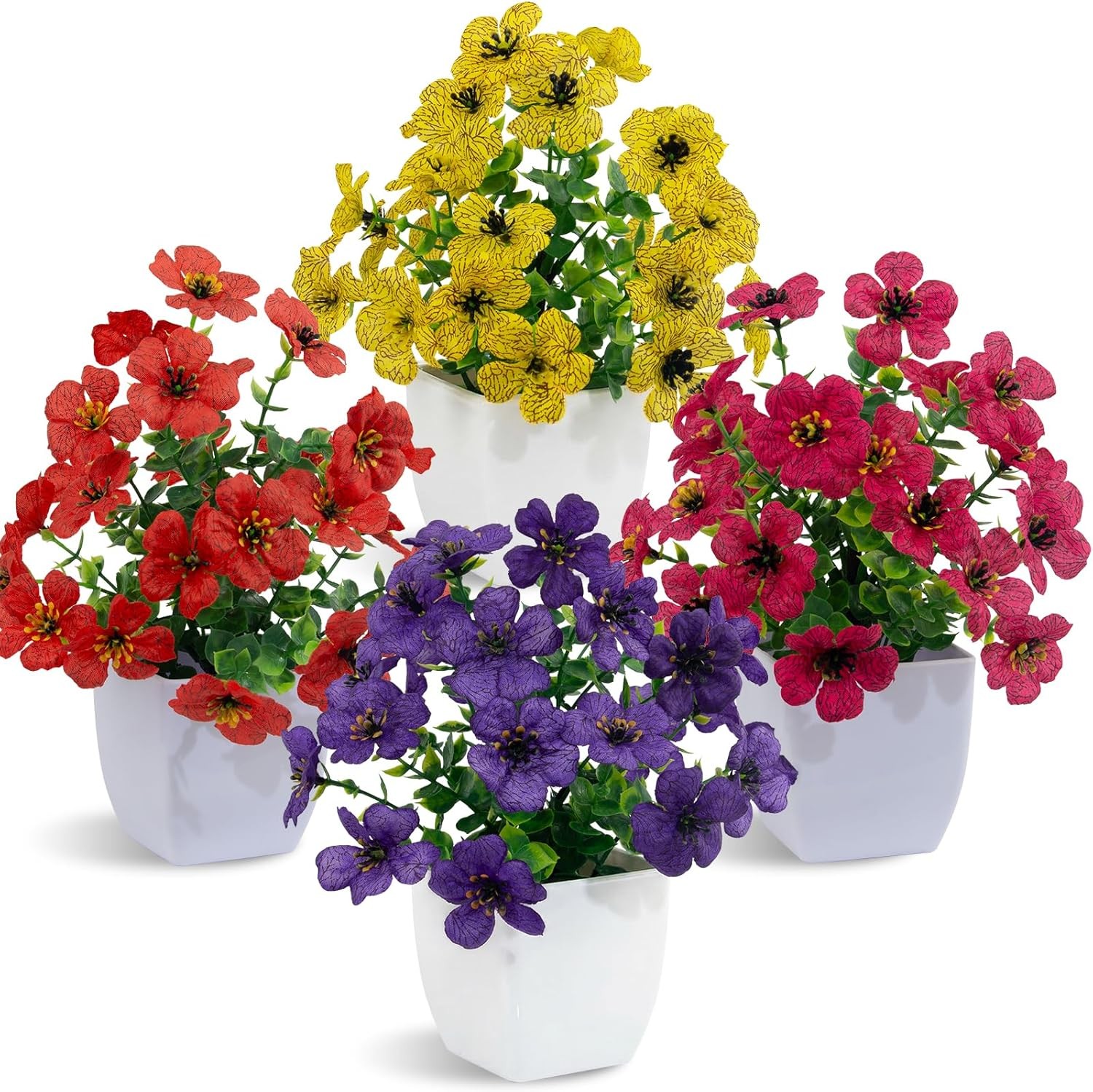 4 Pack Small Artificial Daisy Flowers Fake Plants in White Pots, Mini Potted Flo