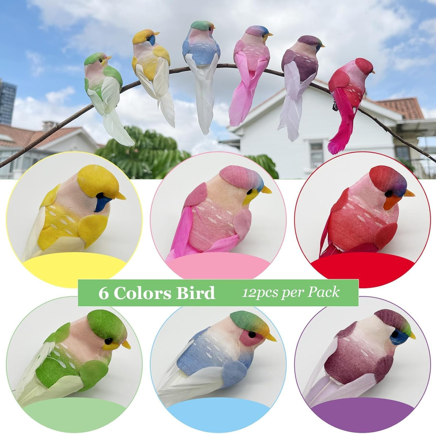 12PCS Colorful Artificial Birds for Decoration Spring Courtyard Trees Flower Arr