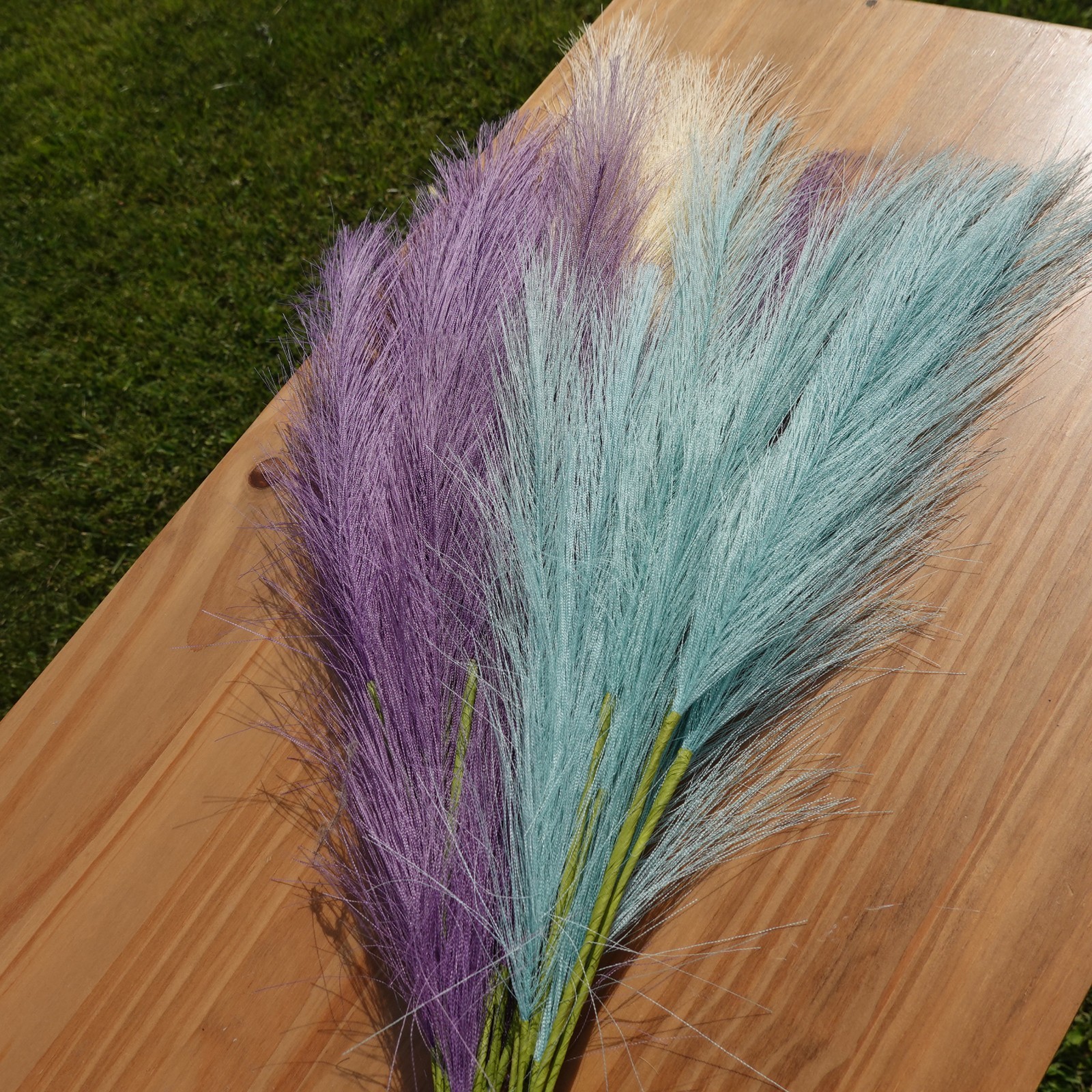 Purple Teal Ivory Faux Pampas Grass Bundle | 4 Artificial Pampas Stems | 24 Inch