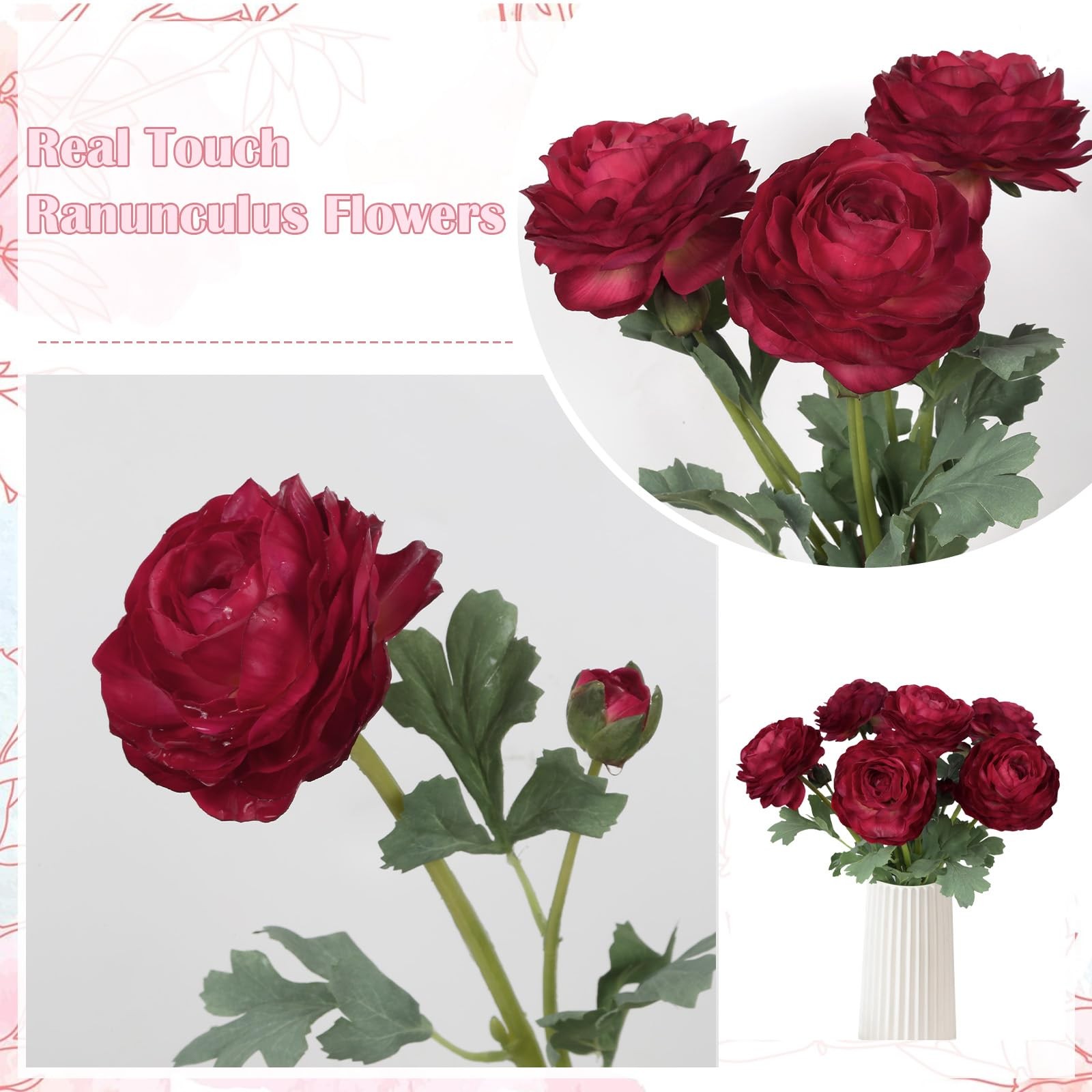 Dark Red Ranunculus Artificial Peonies Flowers Real Touch Wedding 6 PCS
