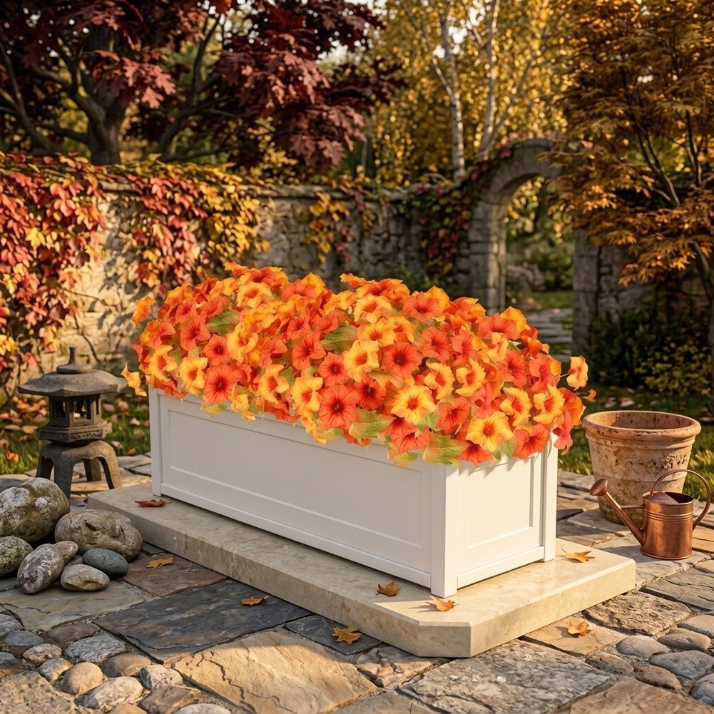 Artificial Petunias 17in Orange Yellow 6 Pack Sturdy Plastomer for Garden Decor
