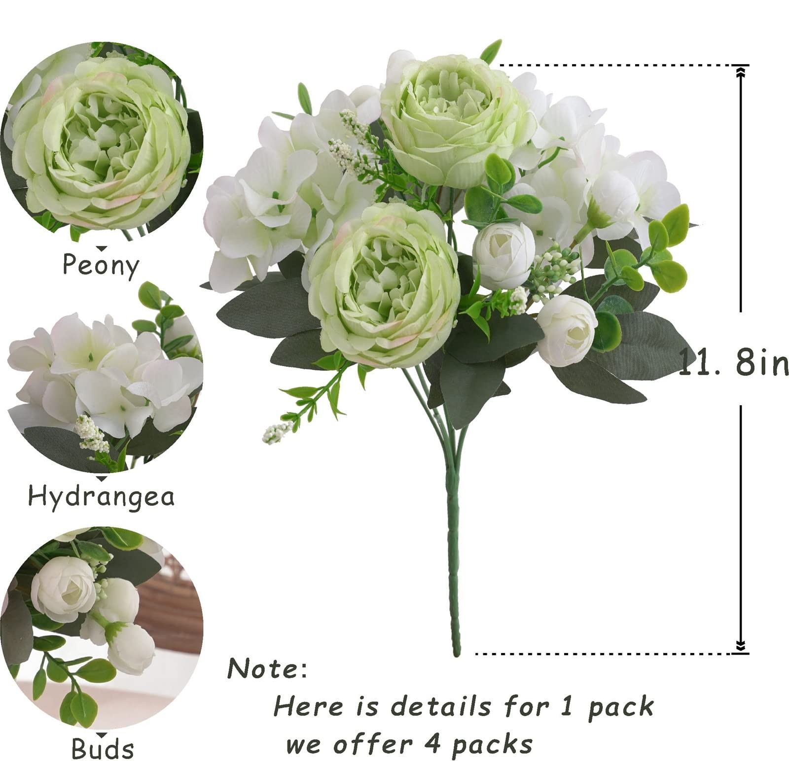 4 PCS Green Peony Artificial Flowers Faux Rose Silk Bouquet Table Centerpiece