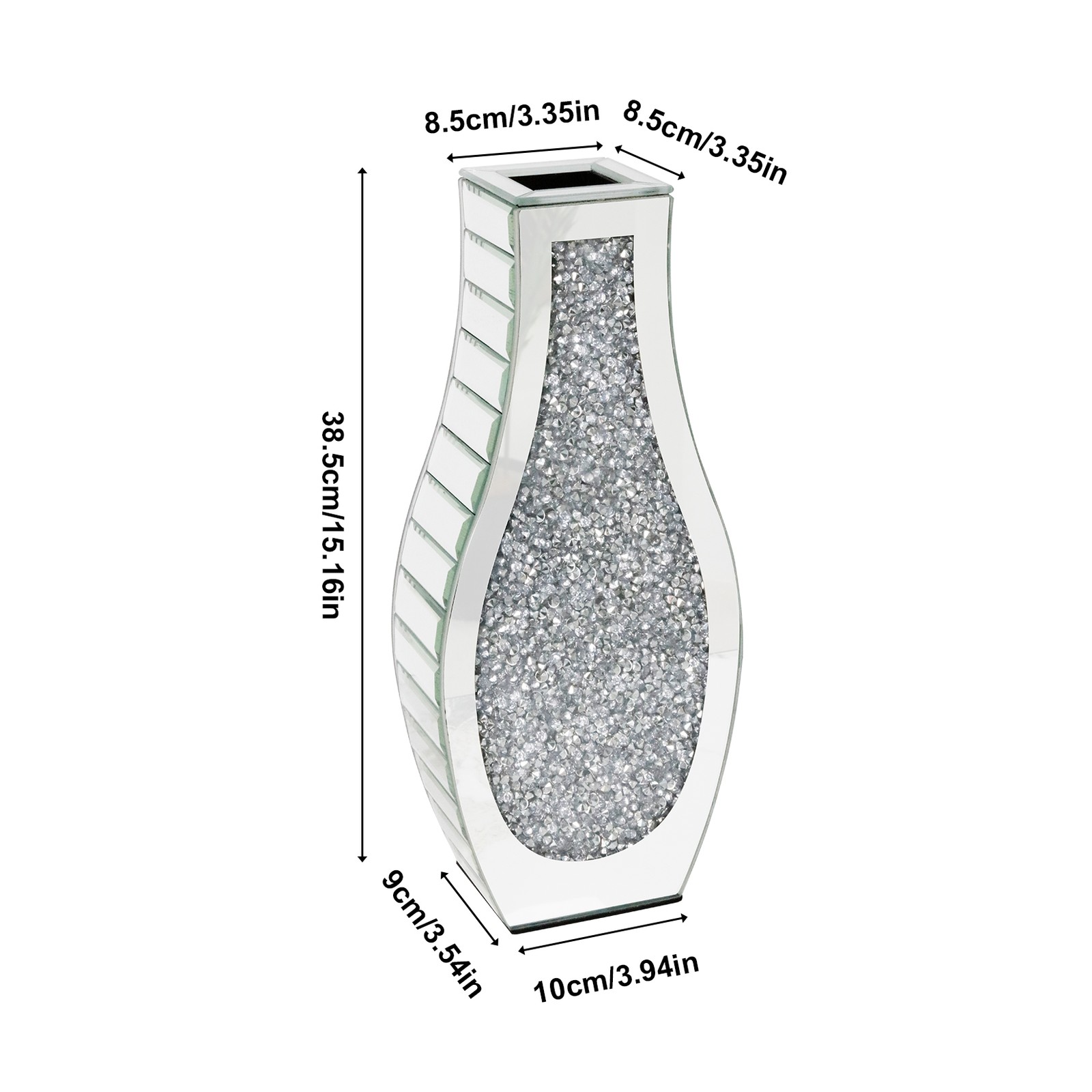 Crushed Diamond Mirrored Flower Vase Decorative Crystal Silver Glass Table Vase