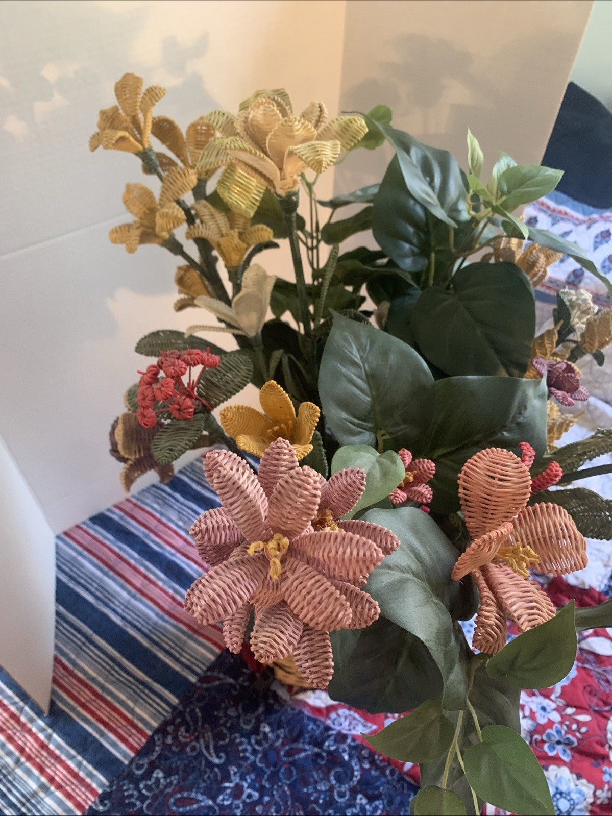 Handcrafted RARE Artificial Flowers Made of Wicker Rattan- Vintage READ
