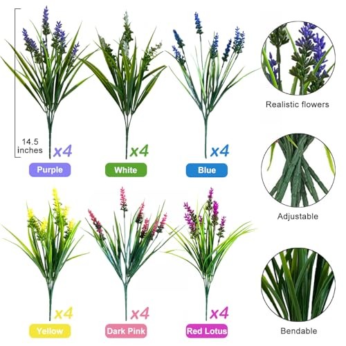 Artificial Flowers for Outdoors, 24 Bundles 6 Colors Fake 6 Colors Mixed