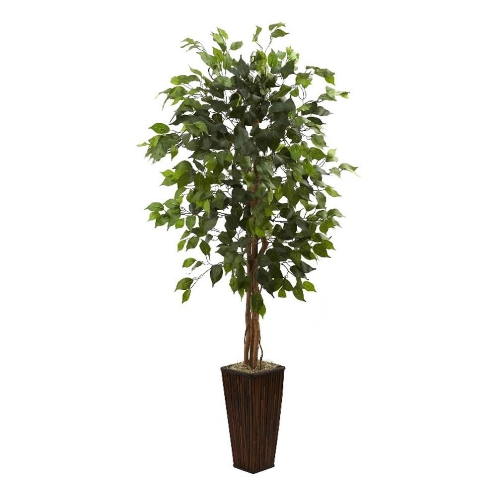 Nearly Natural 66″ Ficus Tree with Bamboo Planter in Green/Brown