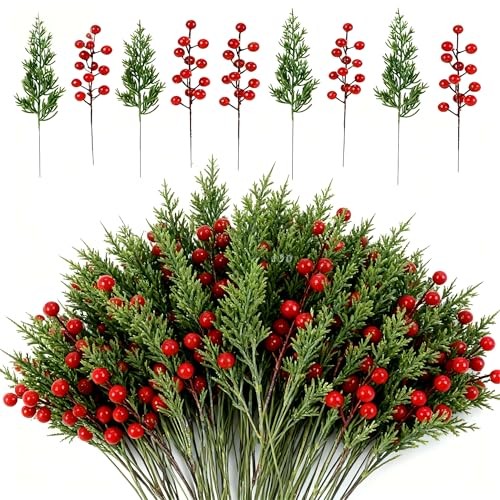 Artificial Christmas Pine Branches with Red Berry Stems-Set of 45 Greenery