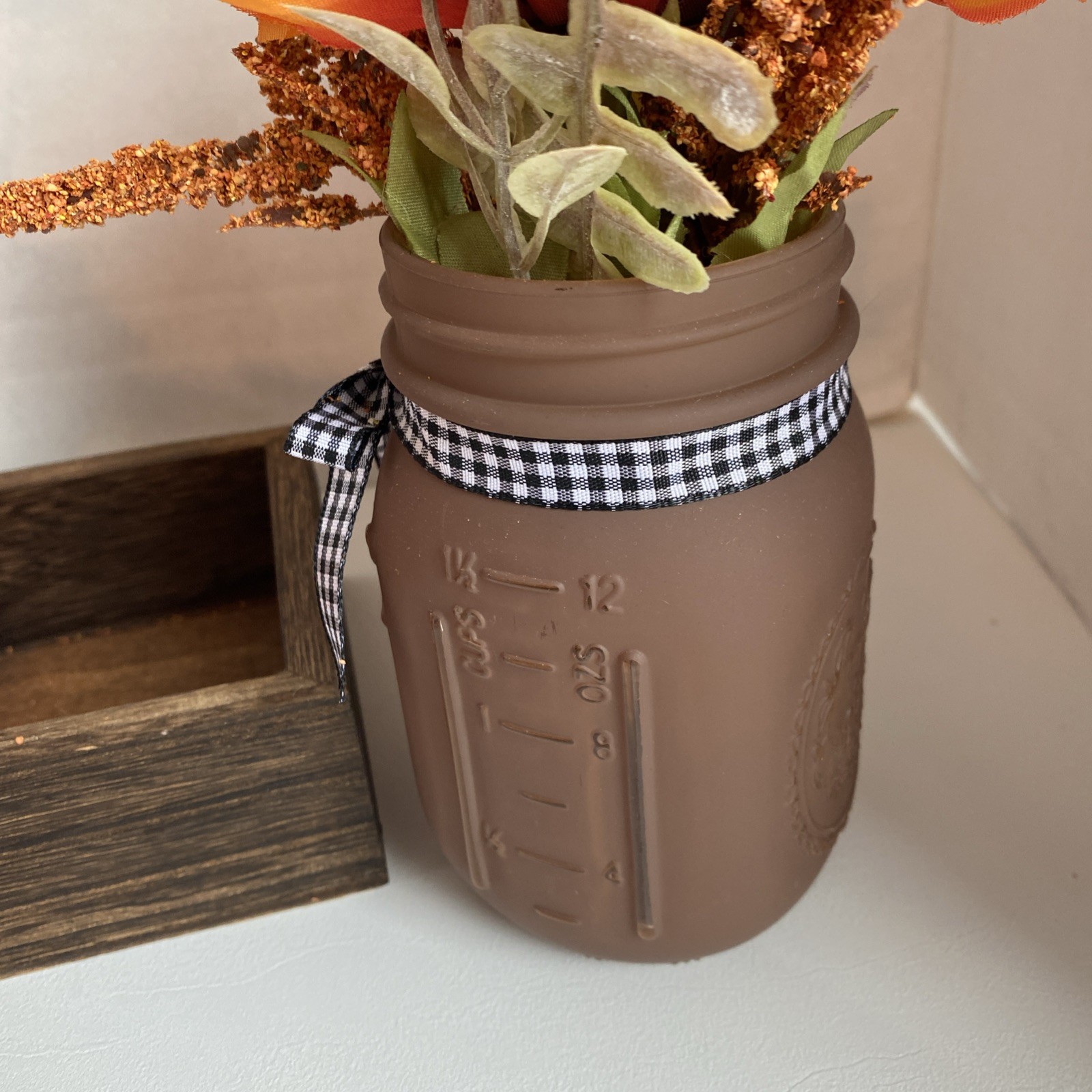 Painted Mason Jars Floral Decor In Tray Light Weight Fall Colors Checked Bows