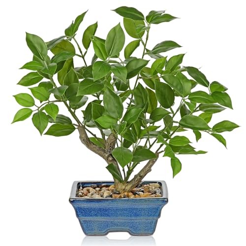 Fake Plants Small Artificial Plants Indoor 15.3″ Fake Potted Green -Blue Pot