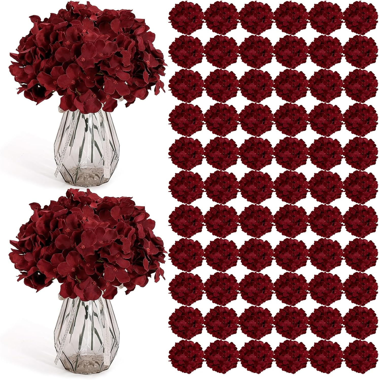 104 PCS Artificial Hydrangea Flowers, Silk Hydrangea Artificial Flowers Heads wi
