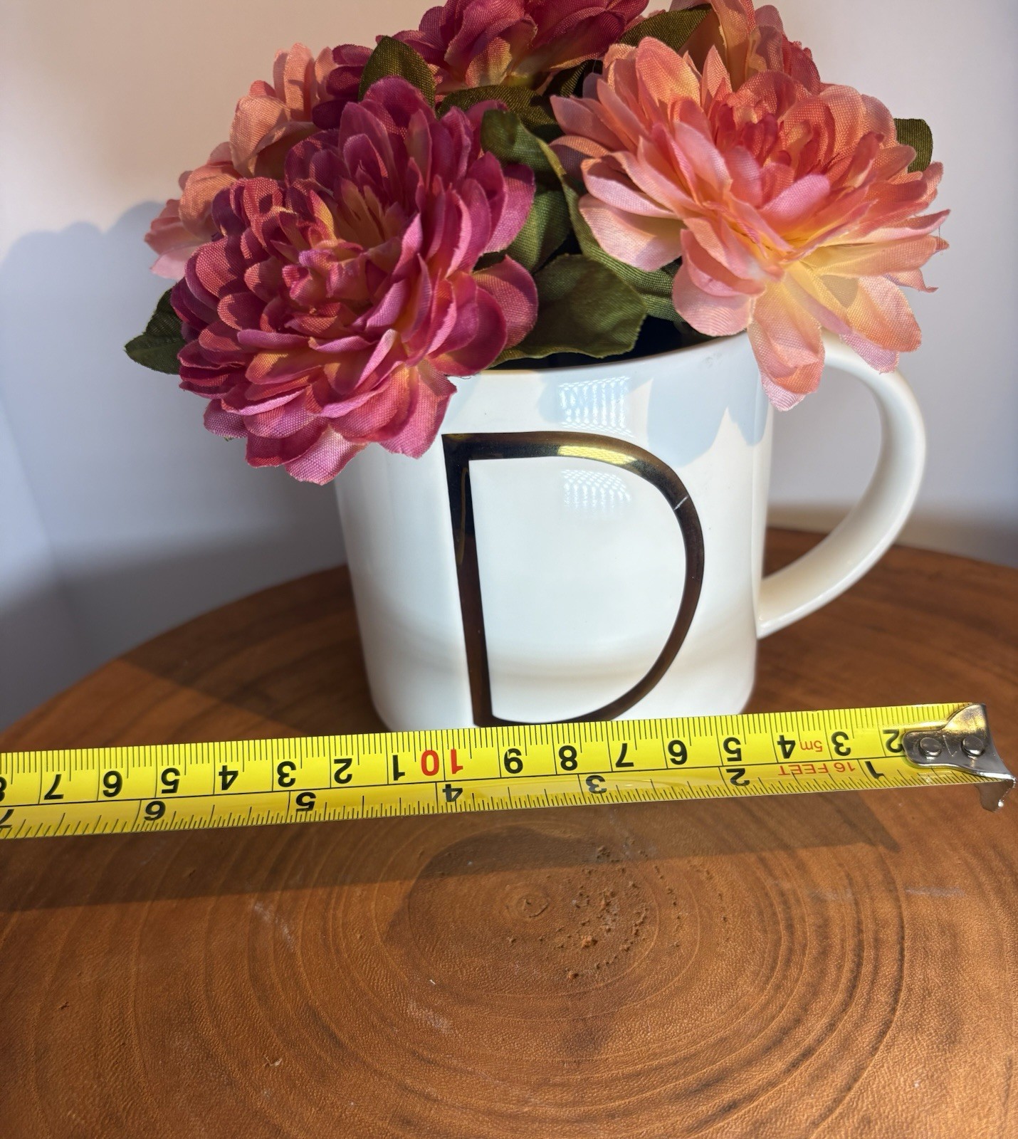 Faux Floral Mug Arrangement Ceramic Vase D-initial Gold Tone Trim Home Decor