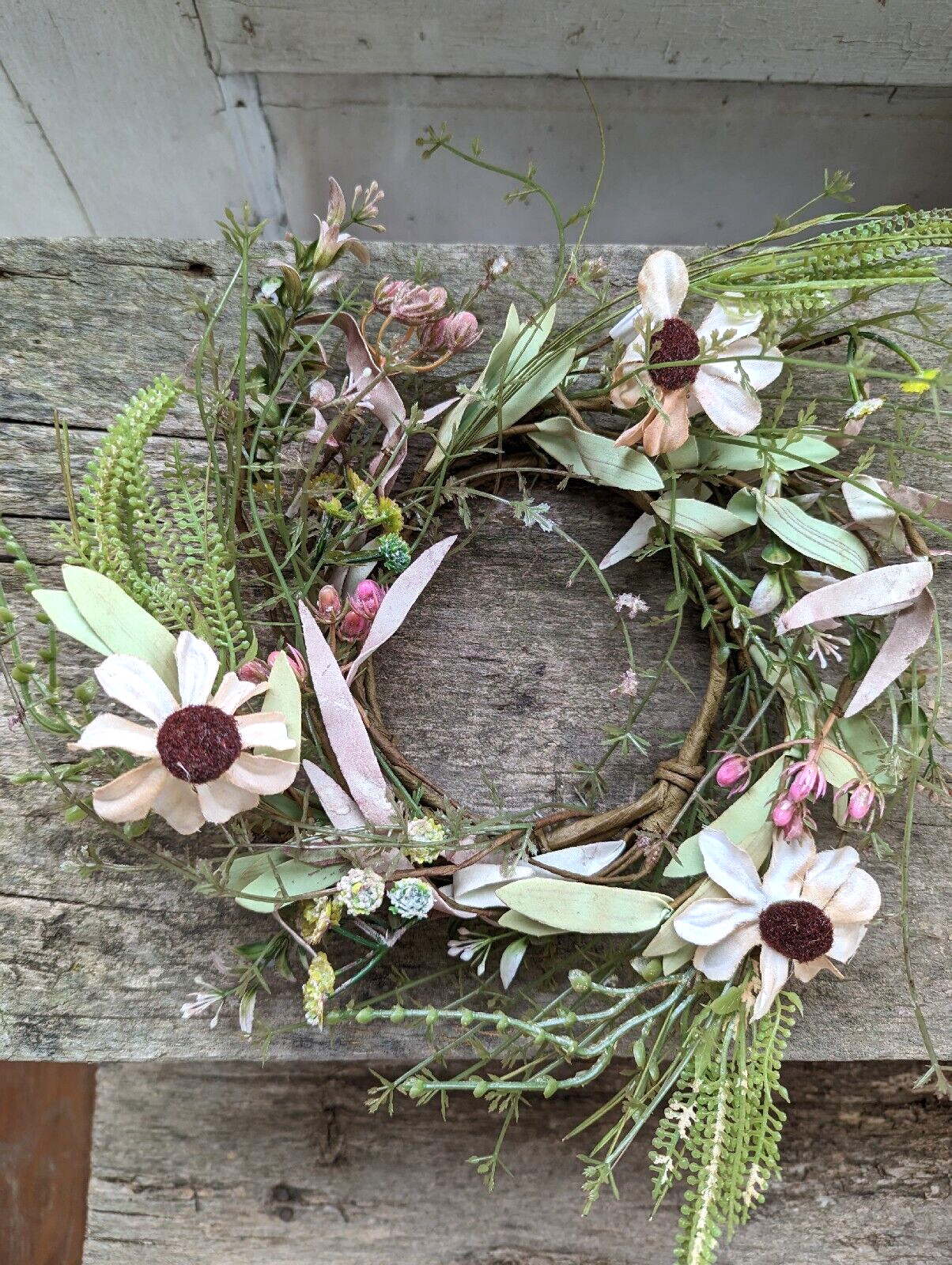 New TEA STAIN DAISY CANDLE RING Floral Grass Wreath 4.5″ Farmhouse Sunflower