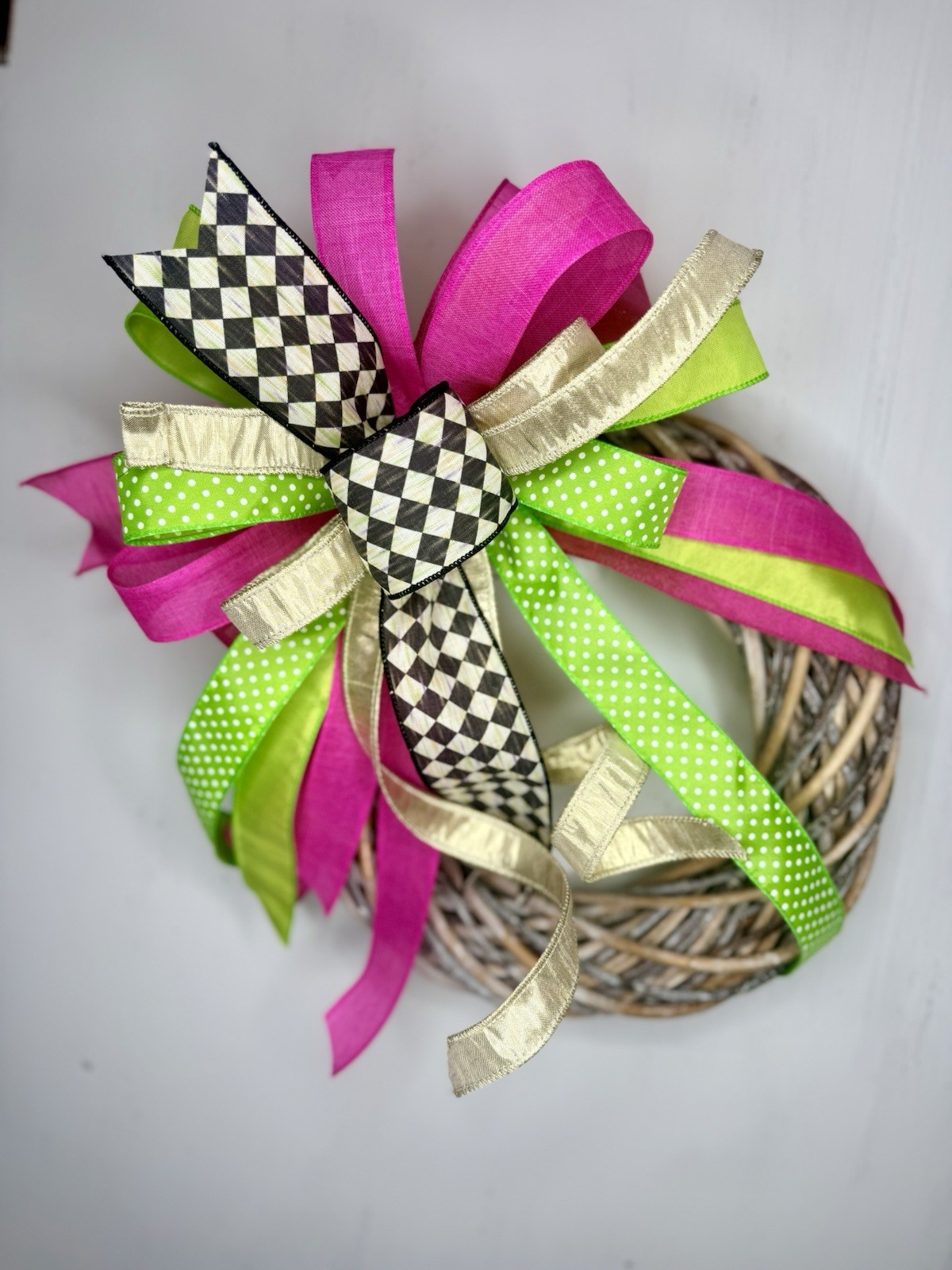 Easter Bow, Spring Bow, Harliquin Ribbon Wreath Decor