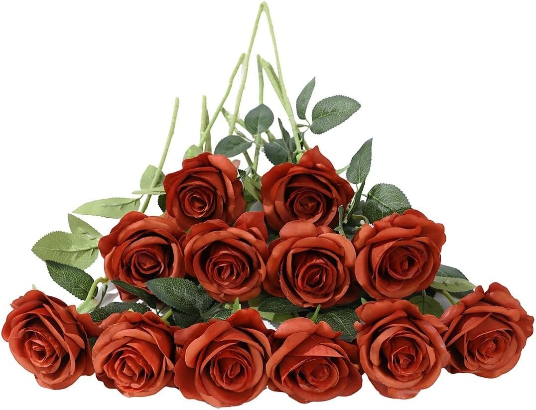 12 PCS Artificial Silk Roses for Home Wedding Decor, Brown and Orange Flowers