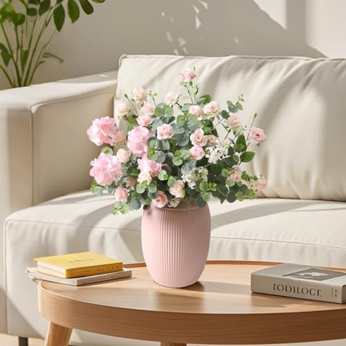 10pcs Faux Silk Rose Artificial Flowers, Bulk Fake Eucalyptus with Pink Rose