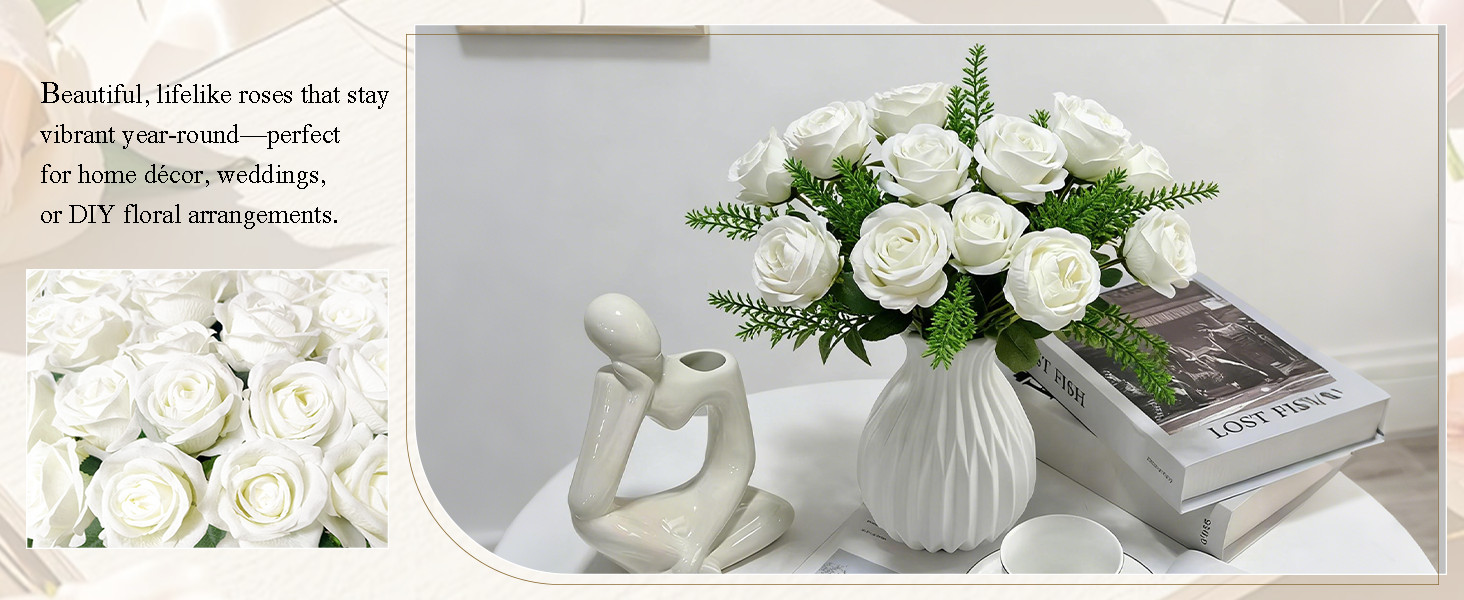 100Pcs White Roses Artificial Flowers with Stems，Fake Roses Bouquet Fake Flowers