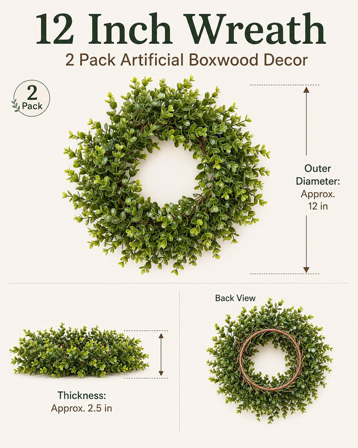 12″ Mini Boxwood Wreaths 2-Pack – Faux Greenery for Decorating | Modern Farmhous