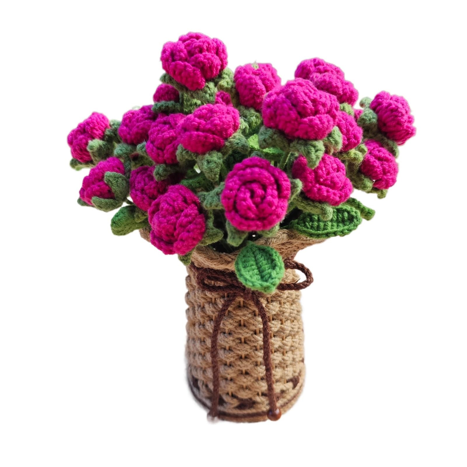 Crochet Red Roses Artificial Flowers Bouquet Knitted Vase Mothers Day Gift