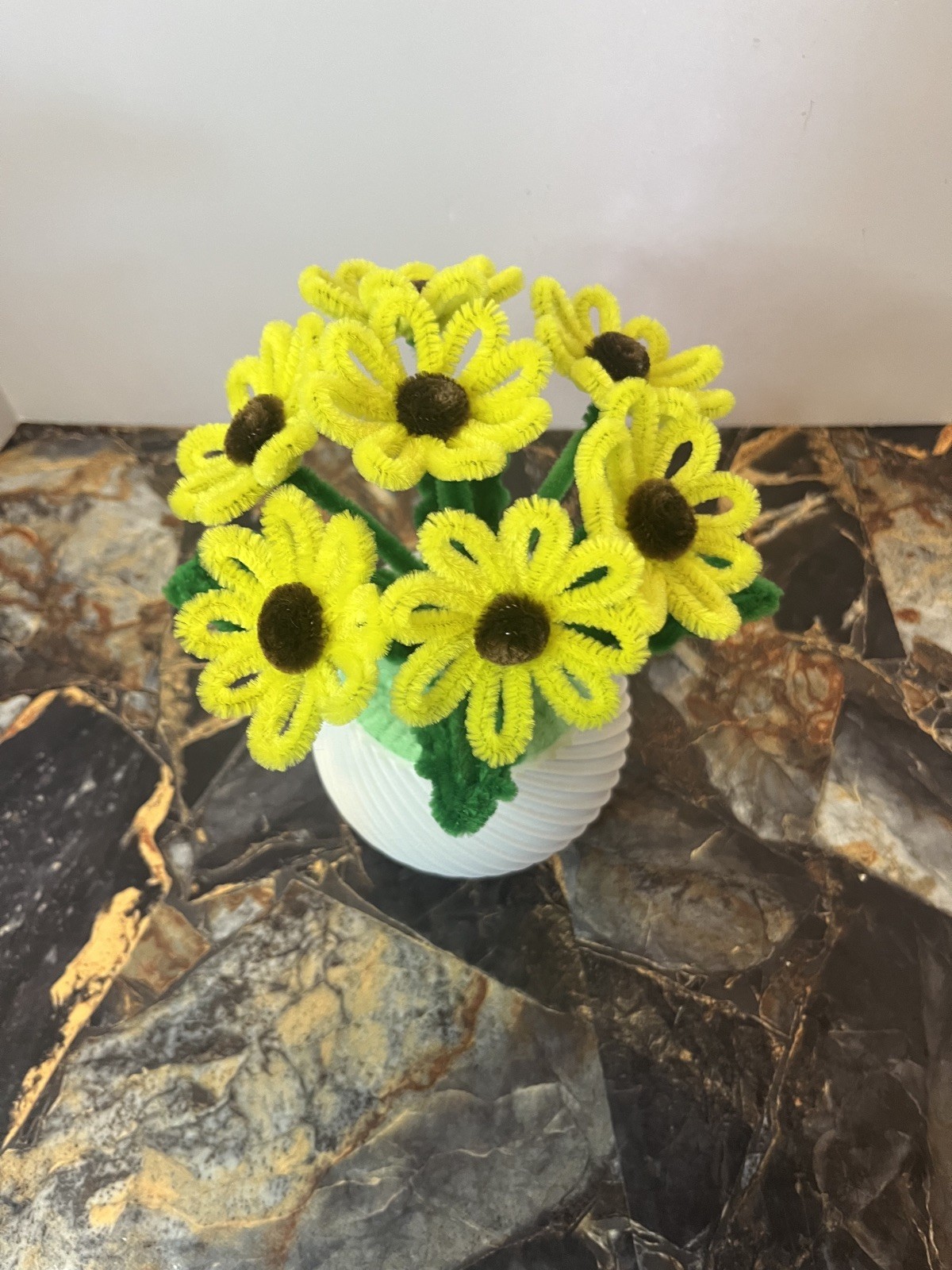 Handmade Yellow PipeCleaner Flowers inWhitePot-Artificial Sunflower Craft Decor