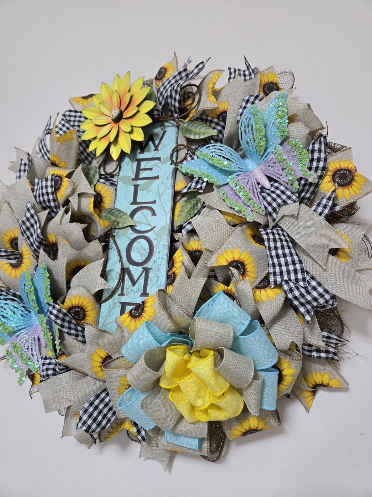 WELCOME Spring Summer Fall Front Door Wreath Wall Decor big Sunflower Butterfly