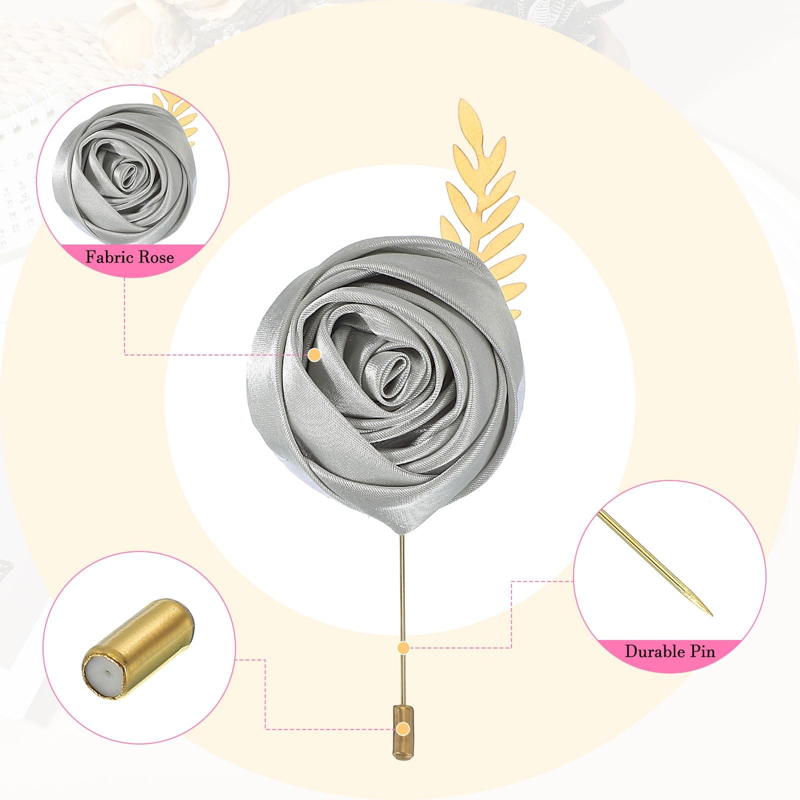 4 PCS Silver Groom Rose Boutonniere Pins 4.7×2 Inch For Prom Formal Party