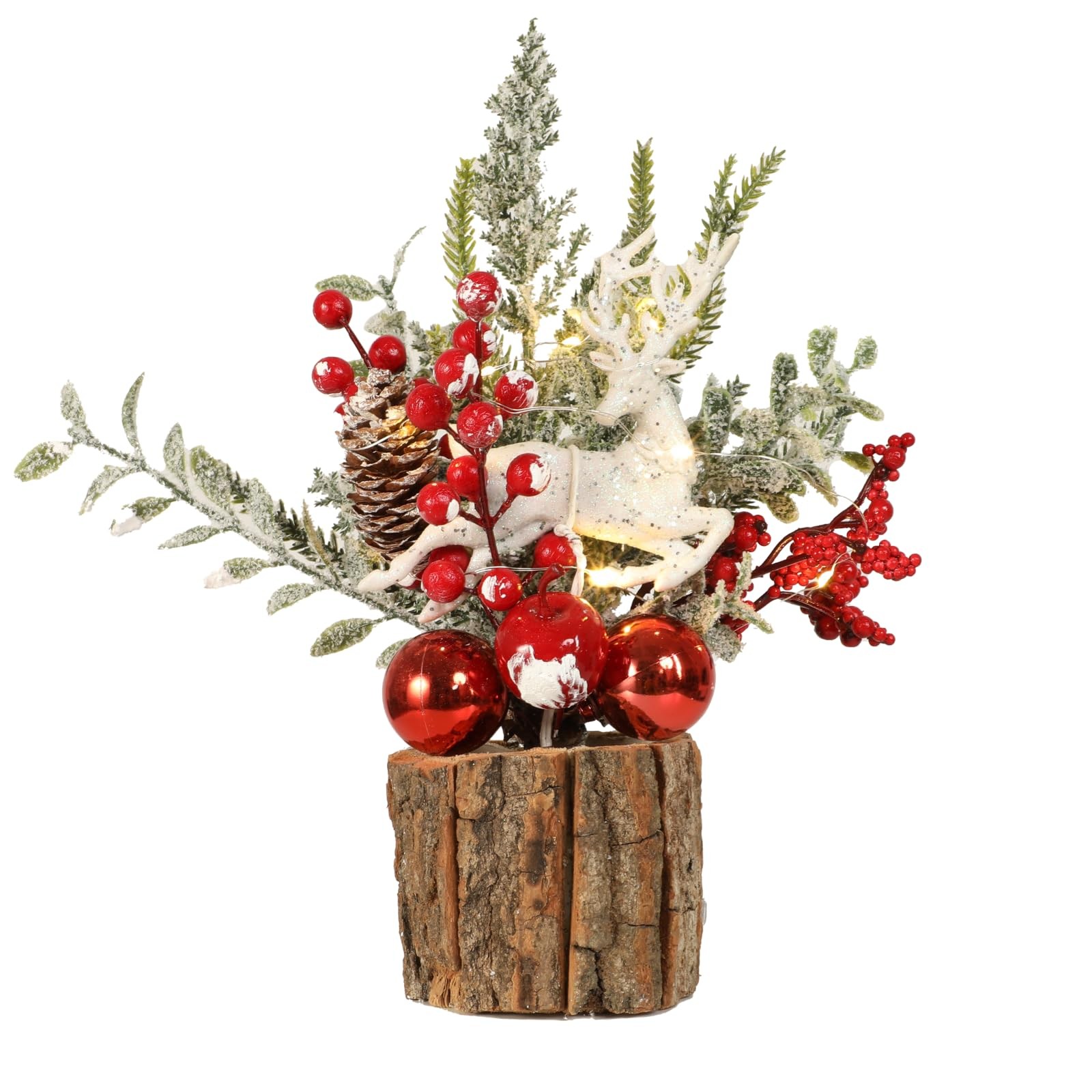 Small Mini Christmas Tree With Lights Artificial Tabletop Pine Cones Red Berry