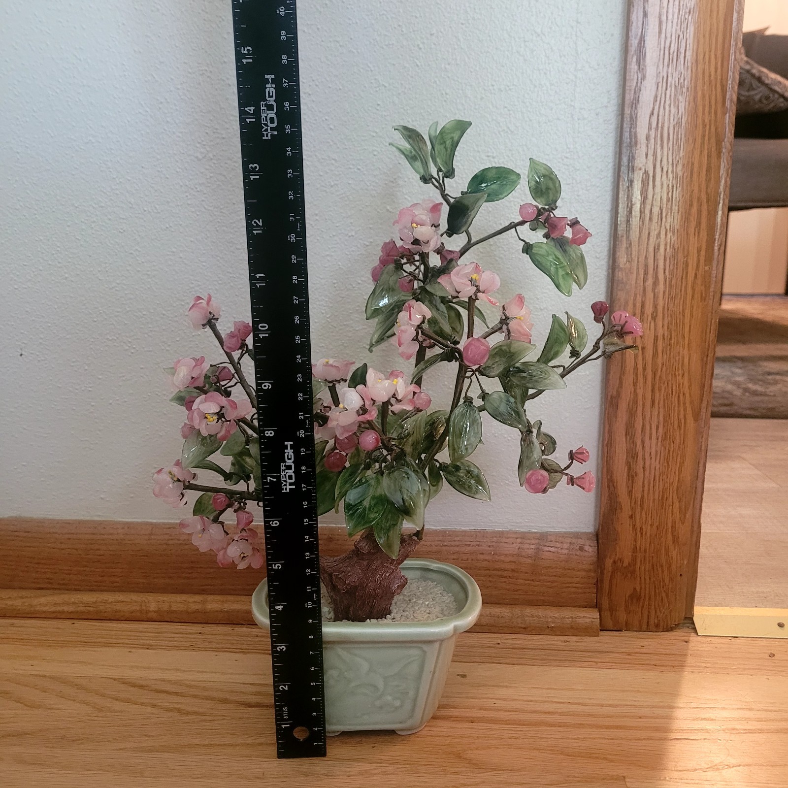Vintage Chinese Glass Stone Jade Cherry Blossom Bonsai Tree Pink Flowers 14″